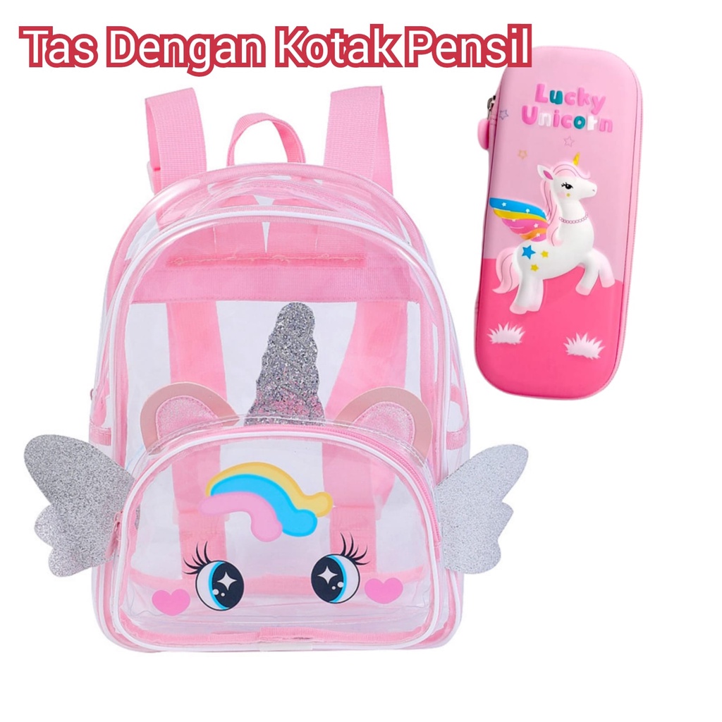 Backpack Unicorn Sayap Anak Perempuan Tas PVC transparan wings Tas ransel Anak Unicorn waterproof Backpack Anak Paud Tk Import Tas Blingberry import tas blingberry grosir