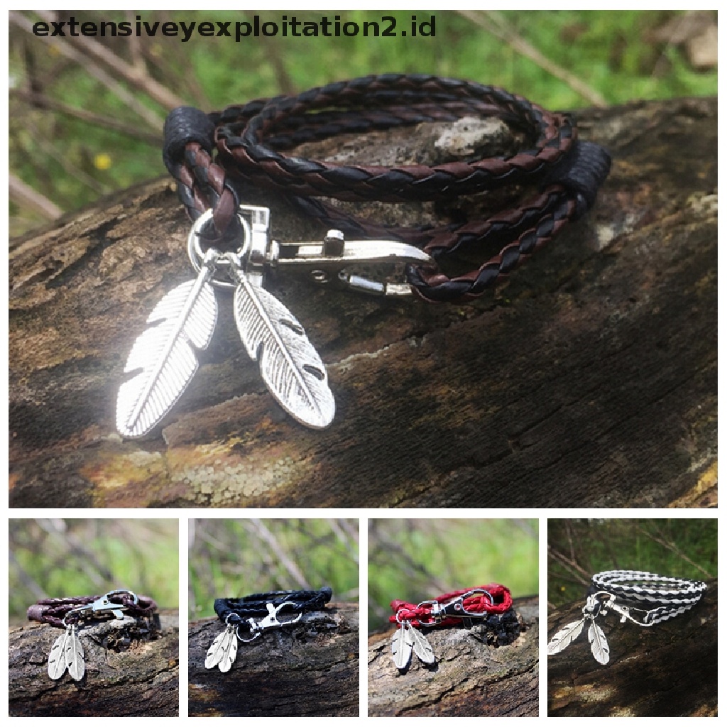 Id Gelang Kulit PU Liontin Bulu Untuk Pria