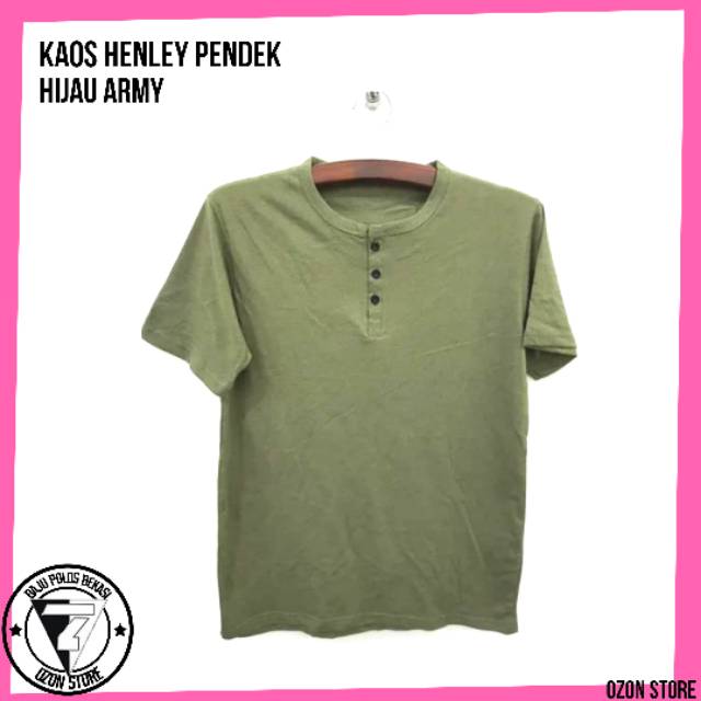 Kaos Henley Baju Kancing Polos Warna Hijau Army