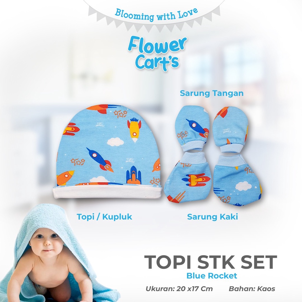 MOMS_TOPI+STK SET FLOWER//TOPI BAYI SARUNG TANGAN KAKI SET NEW BORN