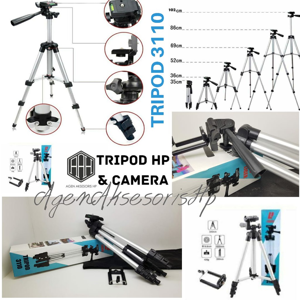 TRIPOD T3110 Universal Tripod HP dan Camera plus Holder U Clamp Lightweight Aluminum 3 Section Leg