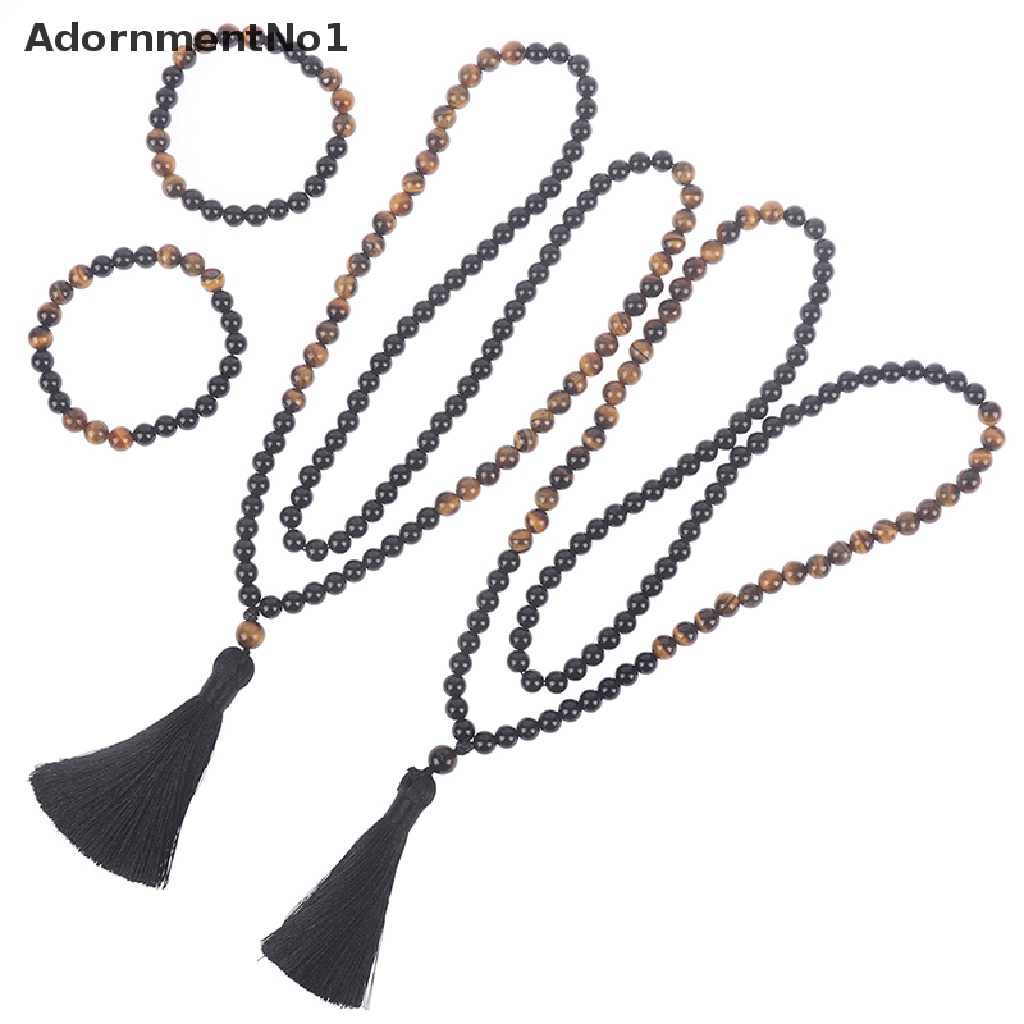 [AdornmentNo1] Natural Black Onyx &amp; Wood Beaded Mala Buddha Tassel Necklace Rosary 8mm Beads [new]