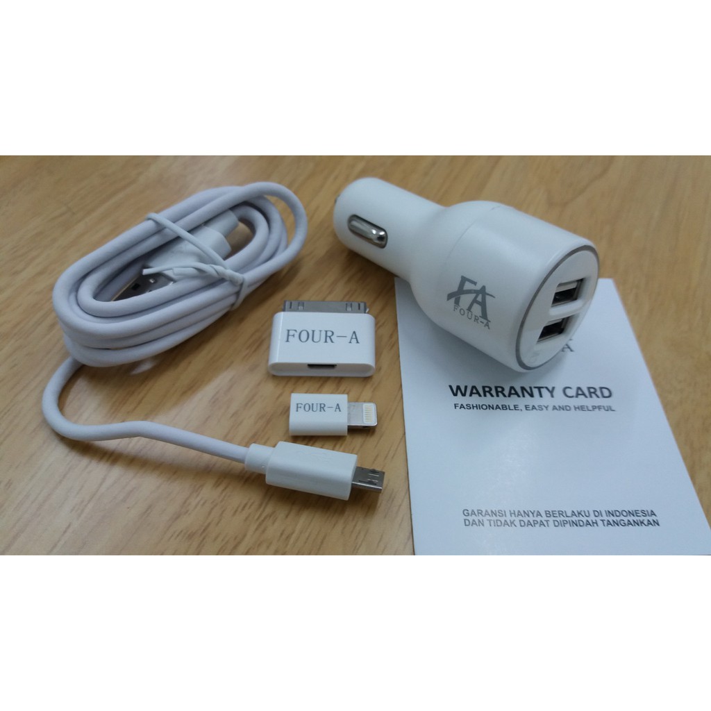 FOUR-A Dual Port Car Charger / Charger Mobil + Kabel Micro + Converter to Lightning