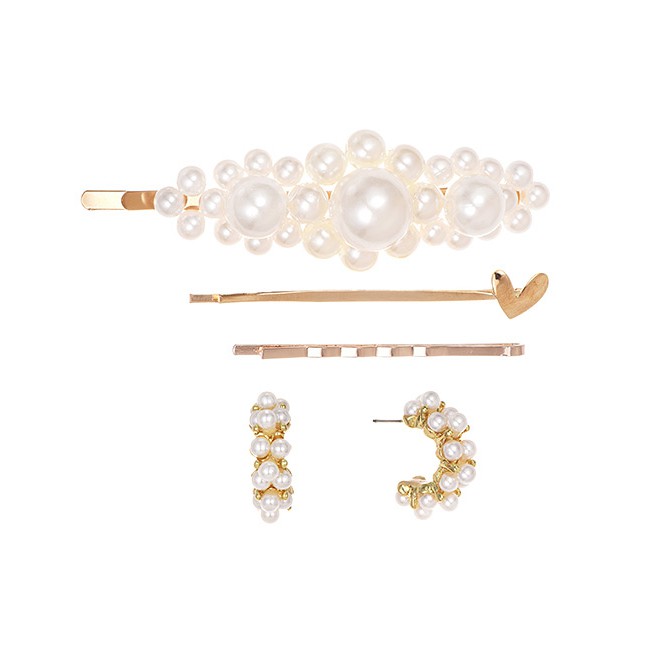 LRC Anting &amp; Jepit Rambut Gold Alloy Pearl Love Geometry Heyi Clip F71359