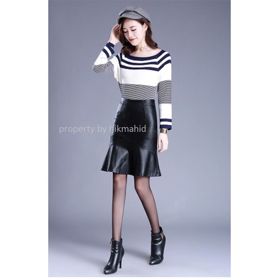 Rok Terompet Kulit PU Hitam Wanita Rok Bodycon Panjang Lutut Pinggang Tinggi Chic Elegan Wanita Kantor Musim Gugur Musim Dingin rok terbaru 2022 model korean style