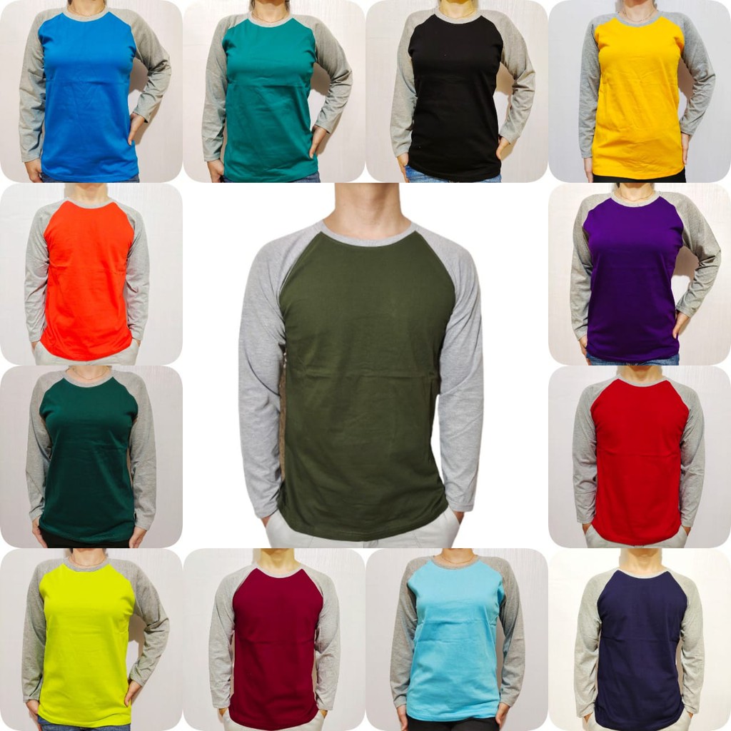 Kaos polos raglan hijau pucuk lengan abu misty panjang M L XL XXL