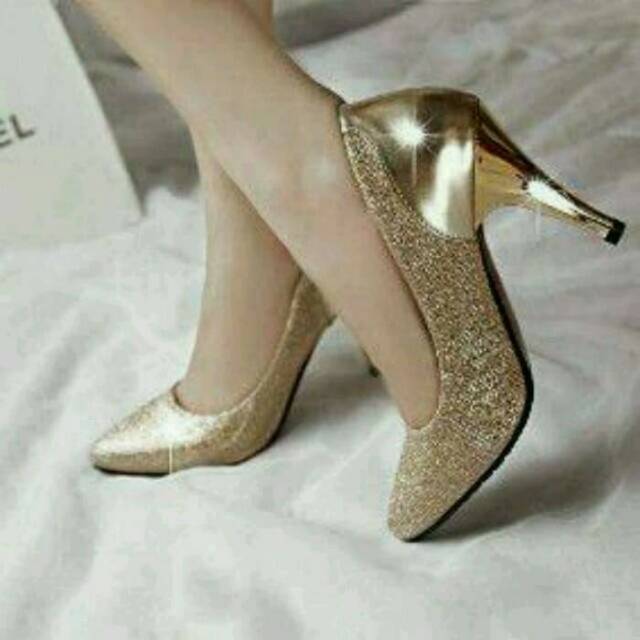SEPATU HIGH HEELS PESTA GOLD GLITTER/SEPATU HAK TINGGI PESTA