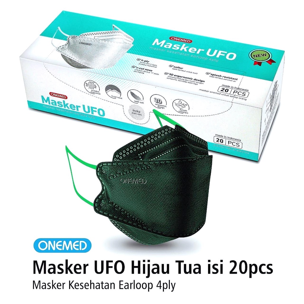 Masker Karet Medis UFO Putih 3D OneMed 4ply Box isi 20pcs Model Pokana Masker Medis