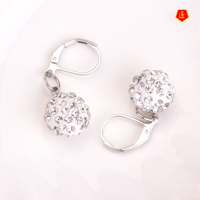 [Ready Stock]Spherical Diamond-Embedded Crystal Earrings Silver Simple