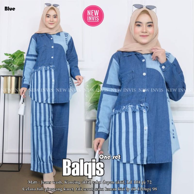 Balqis One Set By NEW INVIS • Setelan Jeans Wanita • Atasan Blouse Kemeja Kulot Celana Panjang Jeans