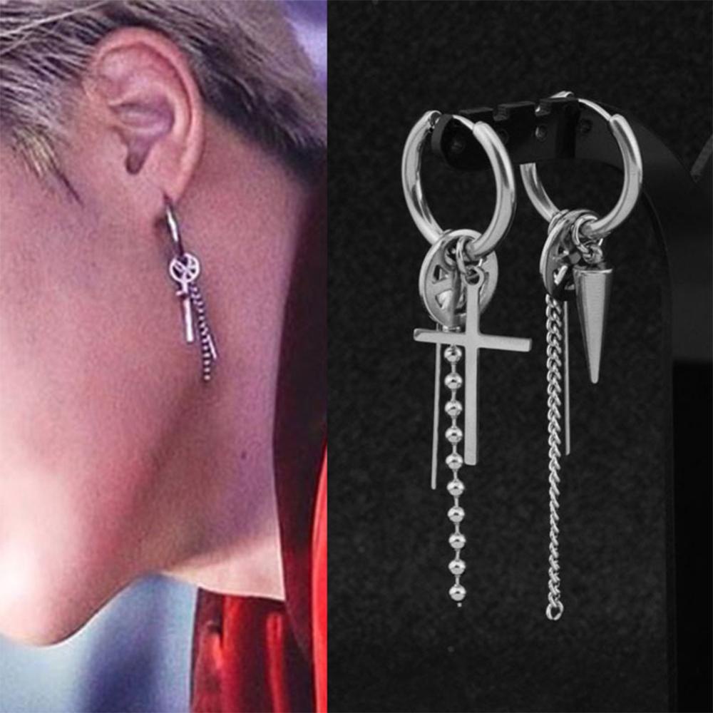 Timekey Anting Tusuk Rantai Panjang Desain Geometri Simple Bahan Baja Untuk Pria M5N5