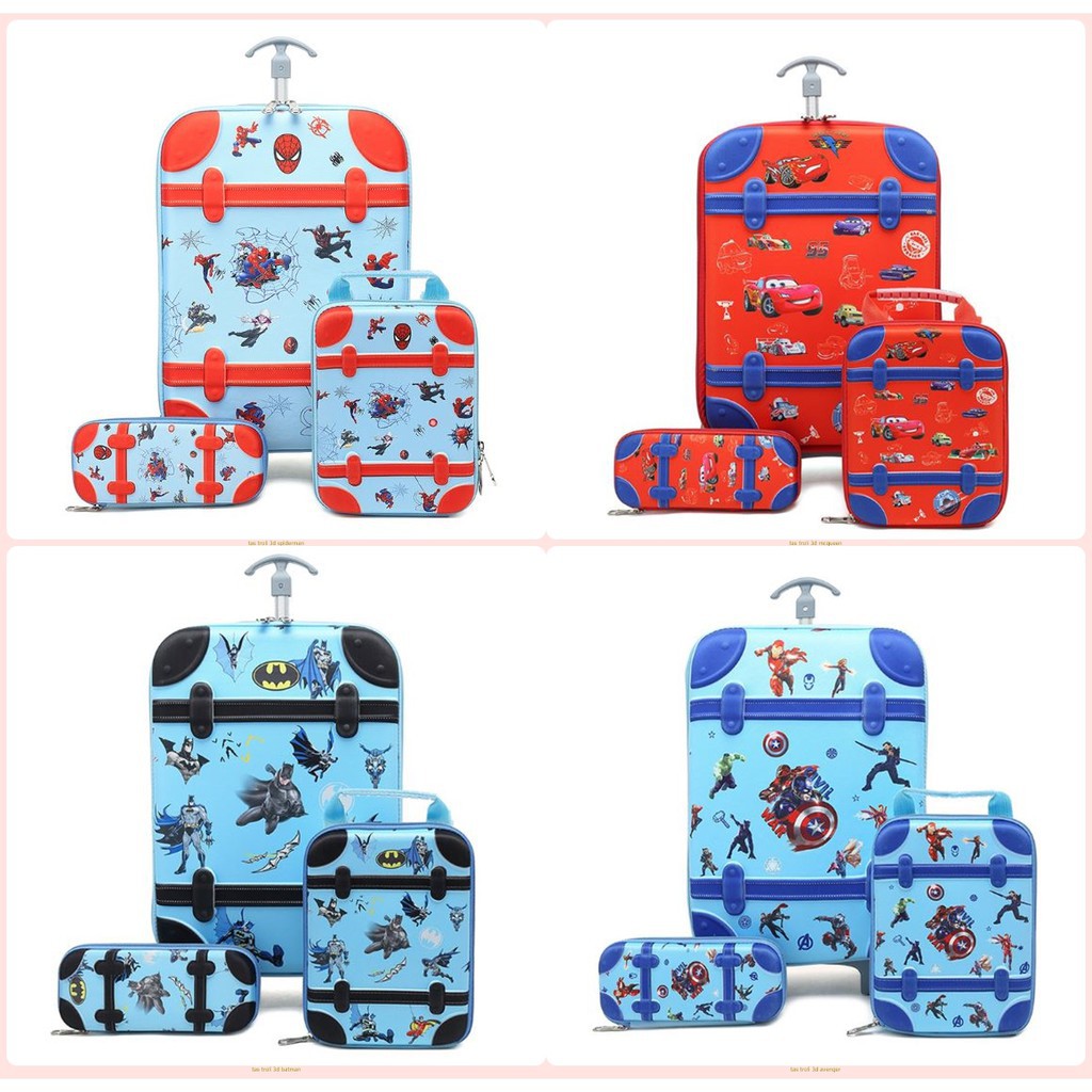 (RK)Tas Troli Anak Sekolah 3in1 3D Avenger Spiderman MCqueen Cars Batman Transformer 6 Roda Import