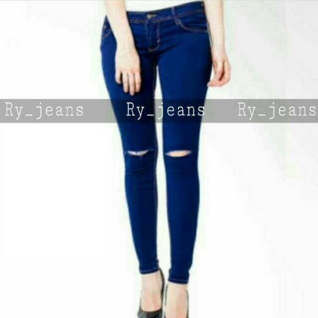 Celana jeans ripped jeans navy sobek lutut