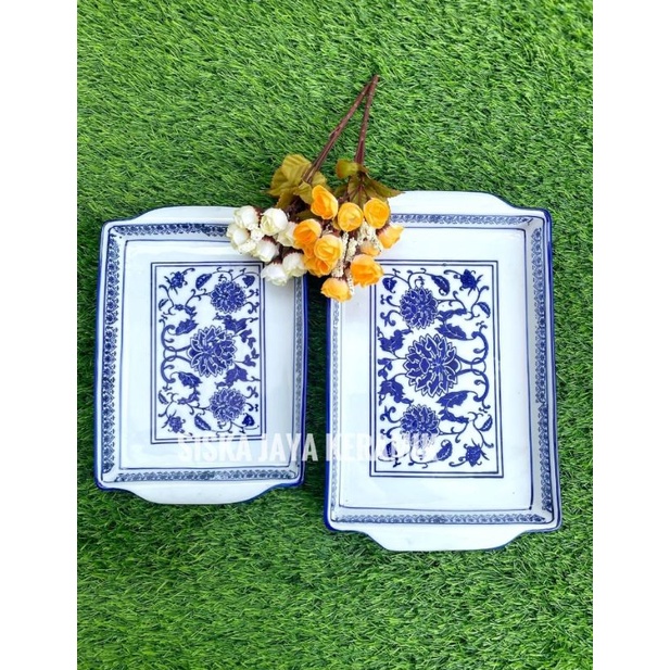 nampan keramik piring saji serbaguna tray keramik biru putih impor