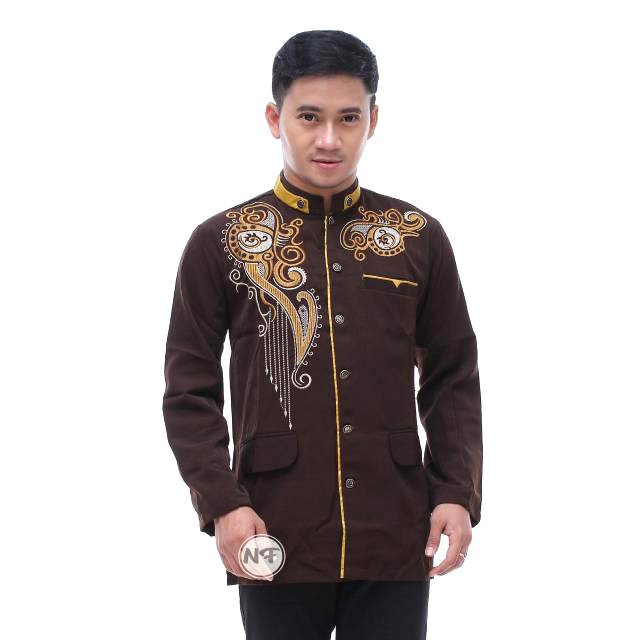 JAS KOKO PRIA DEWASA LENGAN PANJANG BAJU KOKO COKLAT TUA BORDIR UKURAN M L XL PREMIUM BAJU MUSLIM