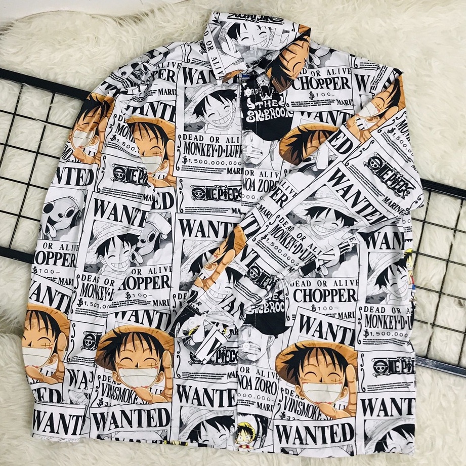 Kemeja Lengan Panjang Luffy Wanted White Anime Manga One Piece Premium Unisex