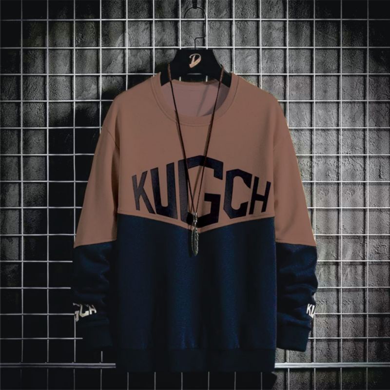 Sweater crewneck KUGCH kombinasi pria/basic kekinian bahan fleece tebal