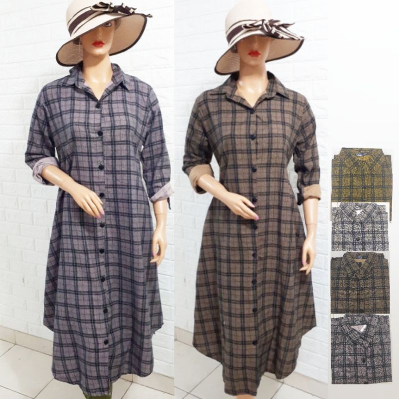 GAMIS WANITA IMPORT LINEN KATUN LINEN BANGKOK LONG TUNIK MOTIF KOTAK FASHION TRENDY