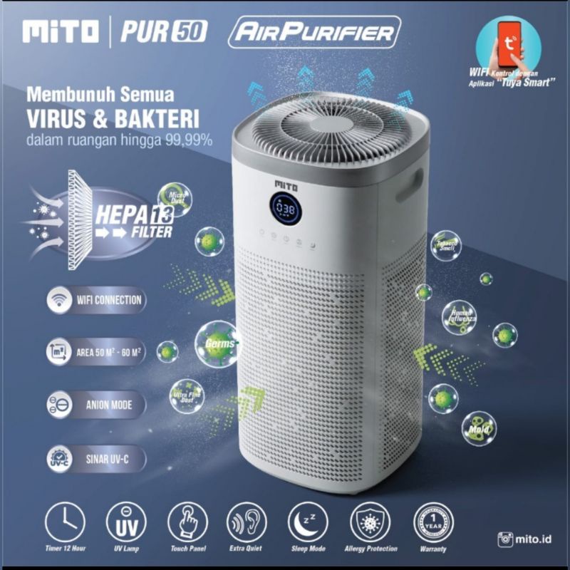 Mito Air Purifier 50 Alat Pembersih Udara with HEPA13 Filter, Sinar UV-C, Alergy Protection &amp; Ion Negatif (Anion) / MITO Air Purifier PUR 30 / Alat Penyaring Udara Smart MITO PUR30 GARANSI RESMI