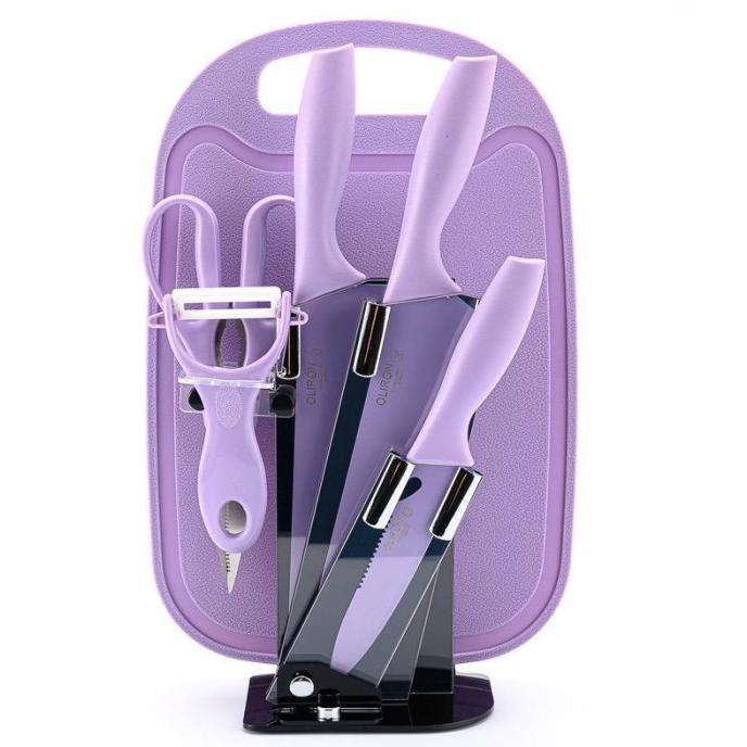 7IN1 Pisau + Talenan Masak Set Bahan Keramik Best Quality Pisau Dapur - Ungu