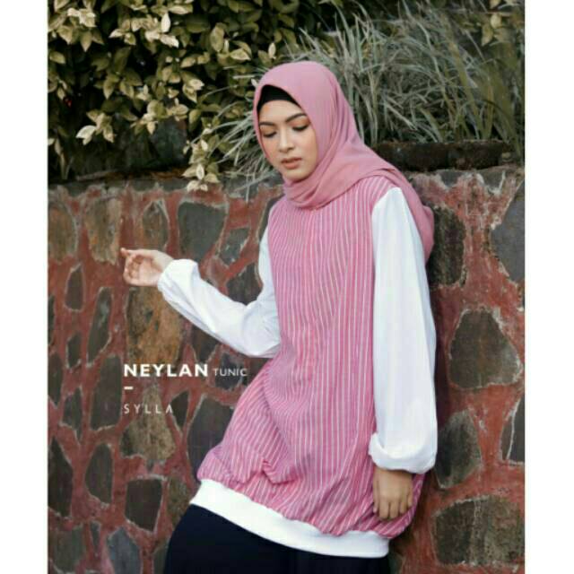 Tunik Wanita Remaja Atasan Hijab Muslimah Kekinian Katun Busui Motif Salur NEYLAN Original by Sylla