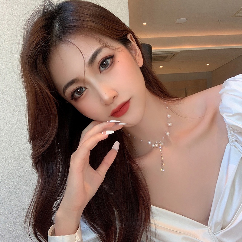 Kalung Rantai Dengan Liontin Mutiara + Berlian Imitasi Gaya Jepang / Korea Untuk Wanita