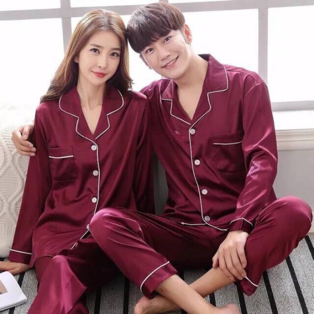 Piyama satin couple dapat 2 pcs lengan panjang celana panjang ( SUDAH DAPAT SEPASANG CEWE COWO)