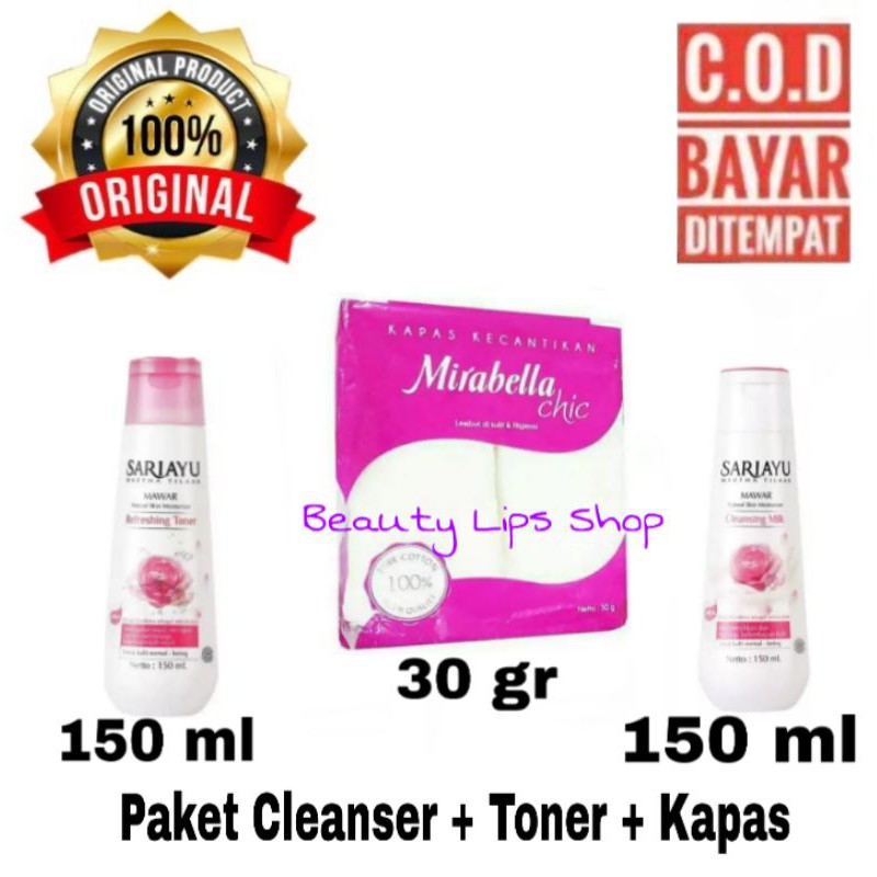 Sariayu Paket isi 3 : Milk Cleanser Mawar 150 ml + Toner Mawar 150 ml + Kapas 30 gr)