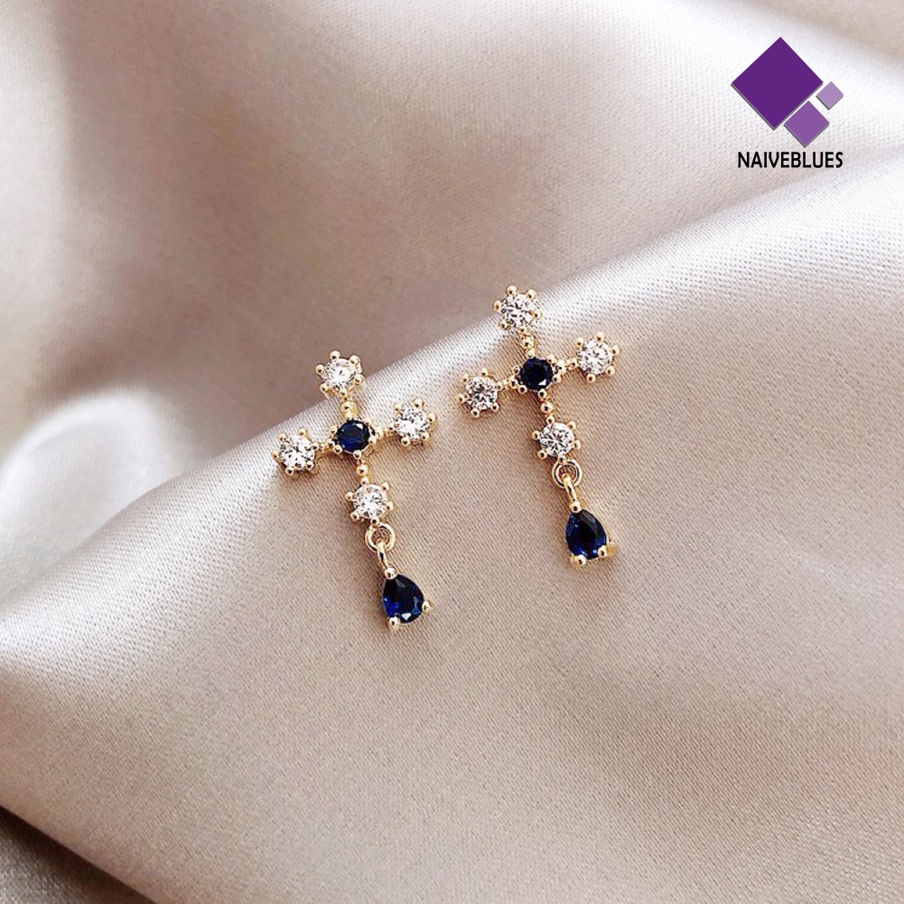 Anting Stud Sapphire Berlian Imitasi Bentuk Salib Untuk Wanita