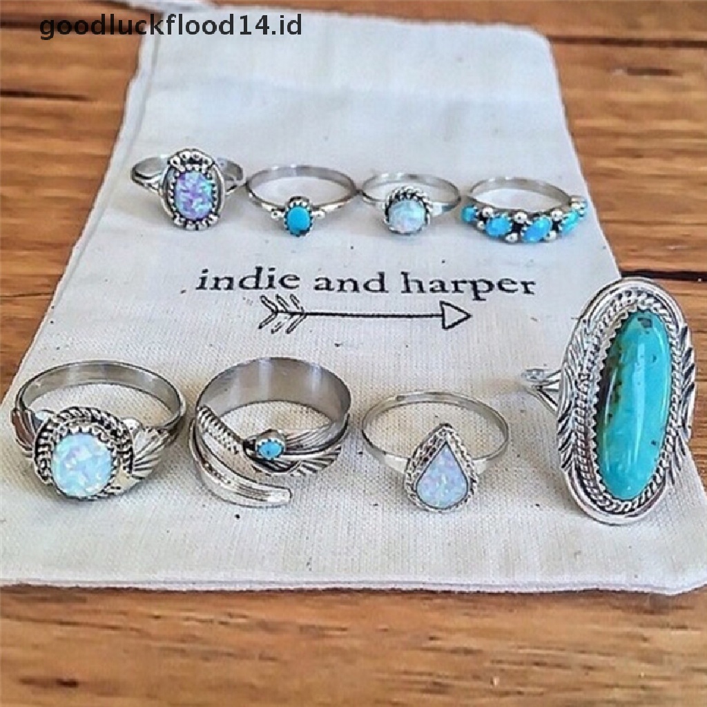 [OOID] 8PCS/Set Bohemian Women Silver Turquoise Finger Rings Opal  Rings Wedding Gift ID