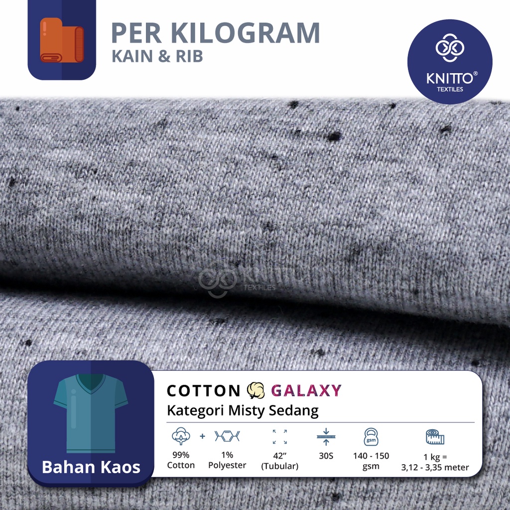 KAIN BAHAN KAOS COTTON GALAXY 30S KATEGORI WARNA MISTY SEDANG + RIB (BAHAN KAOS)