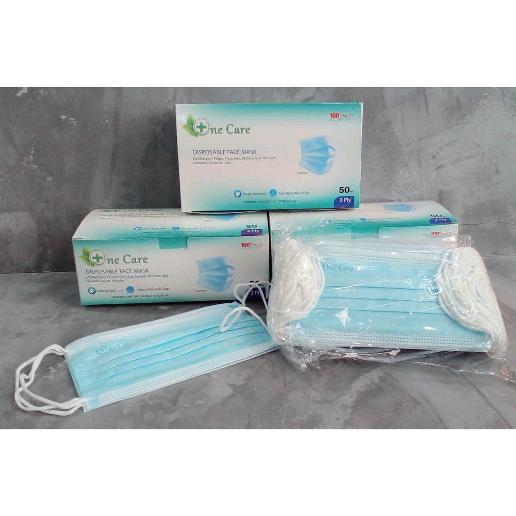 Ready masker 3 ply EARLOOP ONECARE sudah sertifikat BNPB. MASKER EARLOOP ONECARE ONE CARE EMBOS BIRU