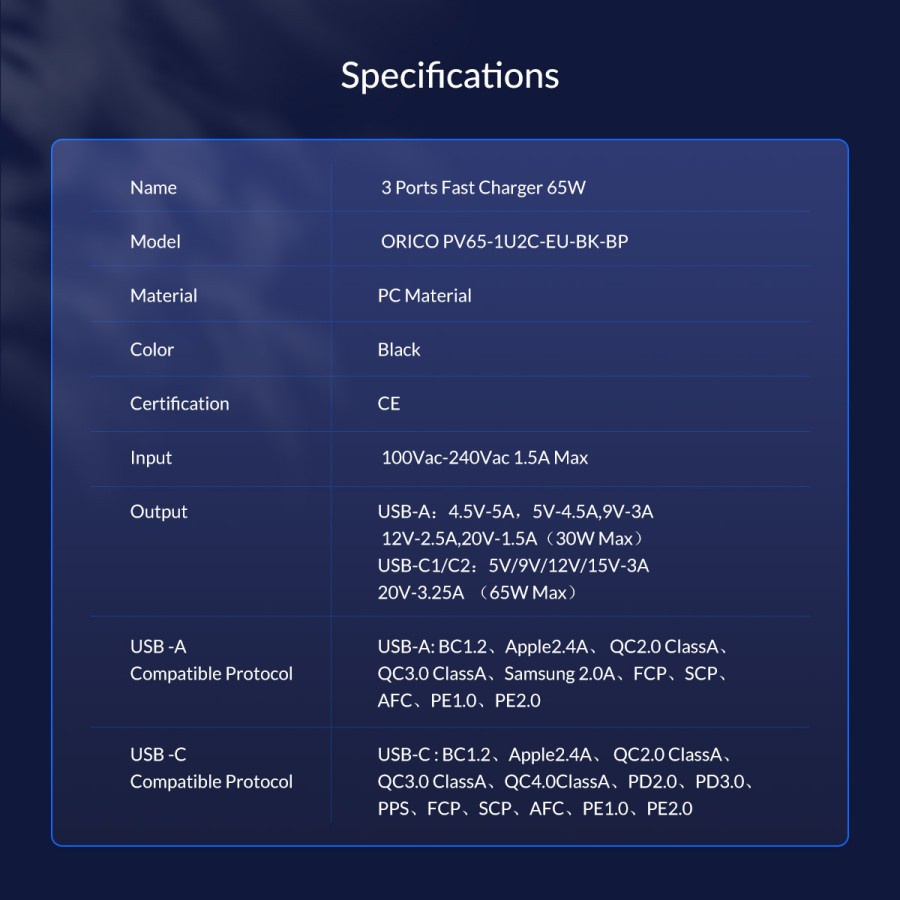 ORICO PV65-1U2C 3 Port Charger 65W Type C Type A PD QC 3.0
