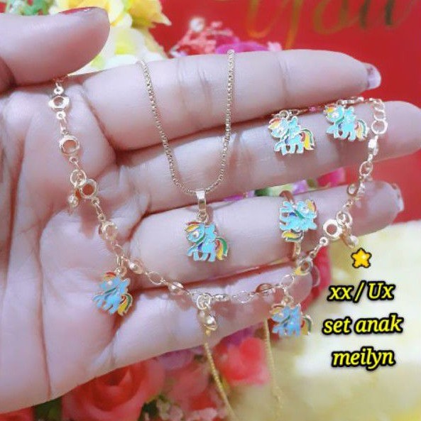 (JAN) Set Perhiasan ANAK Lapis Emas Xuping Gelang Kalung Anting Cincin Kuda Poni Biru Gold Titanium