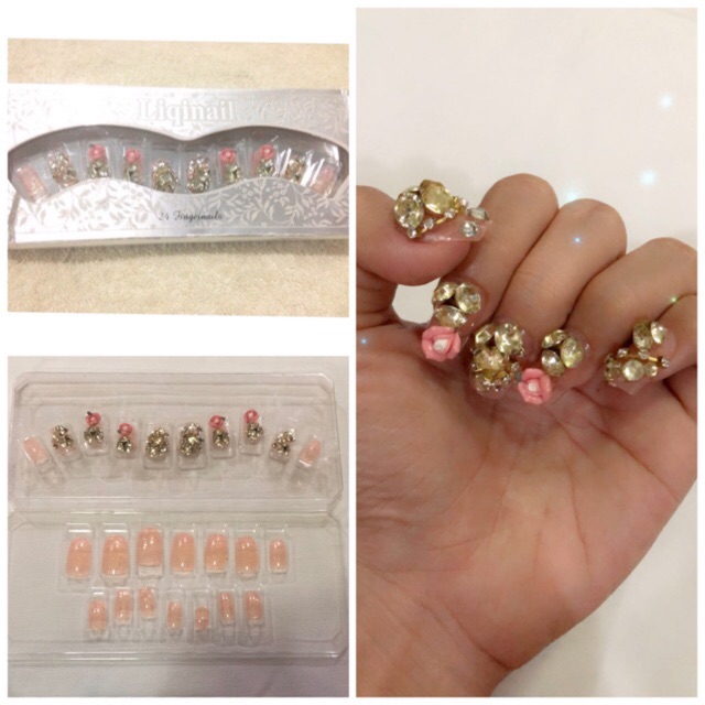 Kuku Palsu Nails Art 3D Pink Bunga  + Lem / Kuku Palsu Nail Art Permata / Kuku Palsu Custom Murah