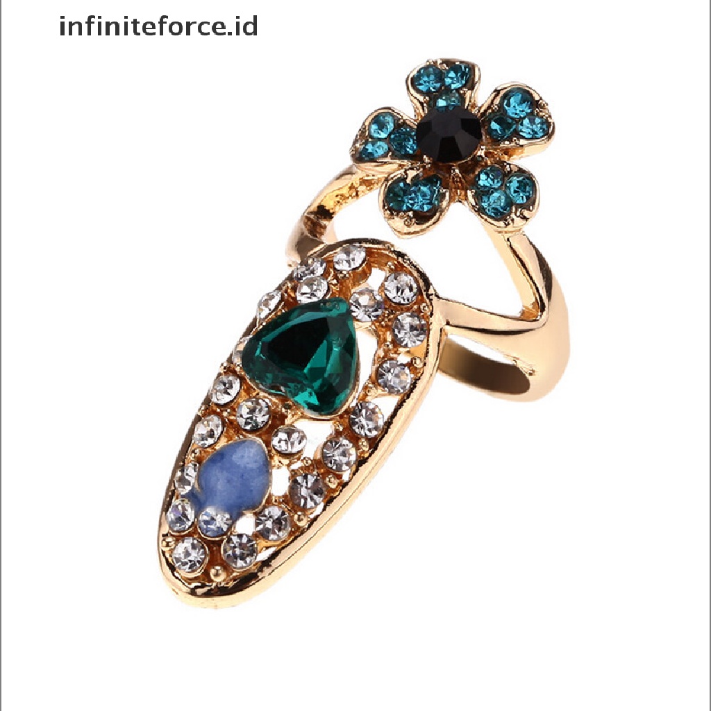 Infiniteforce.id Cincin Kuku Motif Mahkota + Bunga Aksen Kristal Untuk Perhiasan Wanita