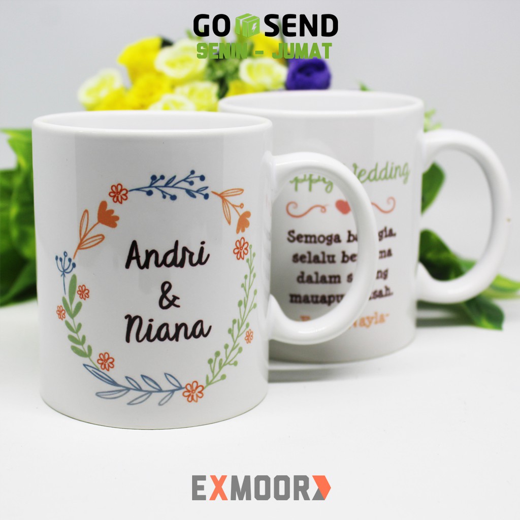 Mug Couple Wedding Floral Wreath Model B Kado Pernikahan