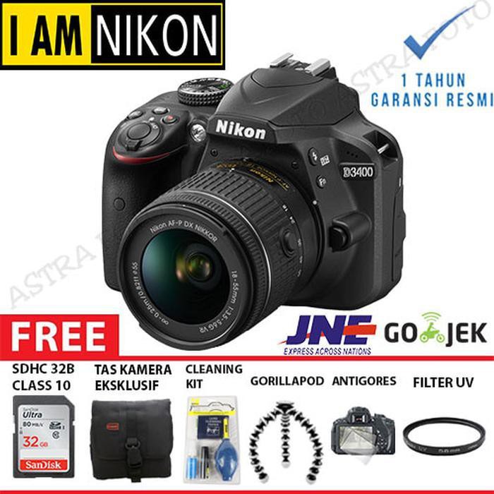 "KD" Nikon DSLR D3400 kit 18-55 VR AFP Paket Dahsyat 32gb Garansi Resmi
