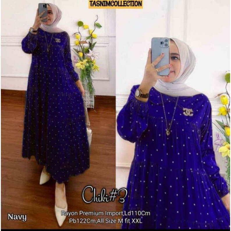 Pakaian Wanita Gamis midi Rayon Chanel Motif Polka Terbaru Free Bross