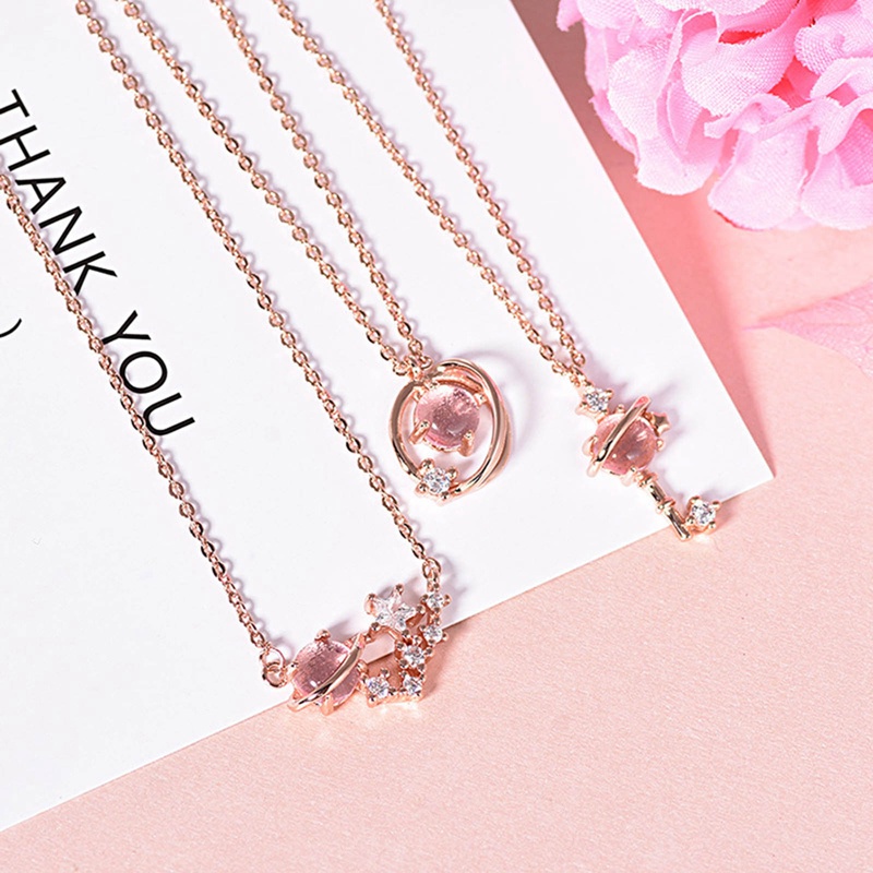 Kalung Liontin Necklace Pink Crystal Planet Pendant Necklaces Women Simple Cute Jewelry Gifts