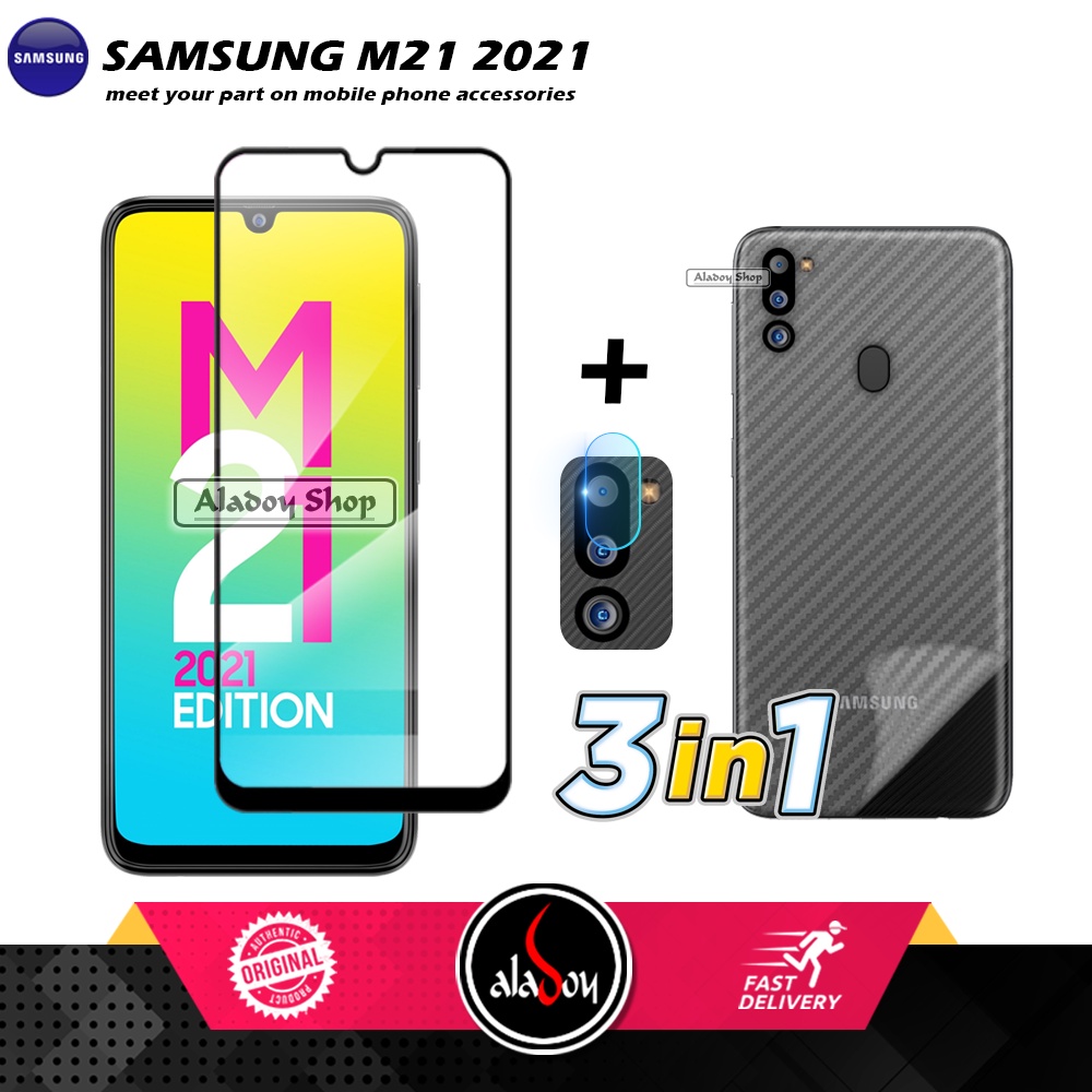 PROMO 3 IN 1 PAKET Tempered Glass SAMSUNG M21 2021 Free Tempered Glass Camera dan Skin Carbon