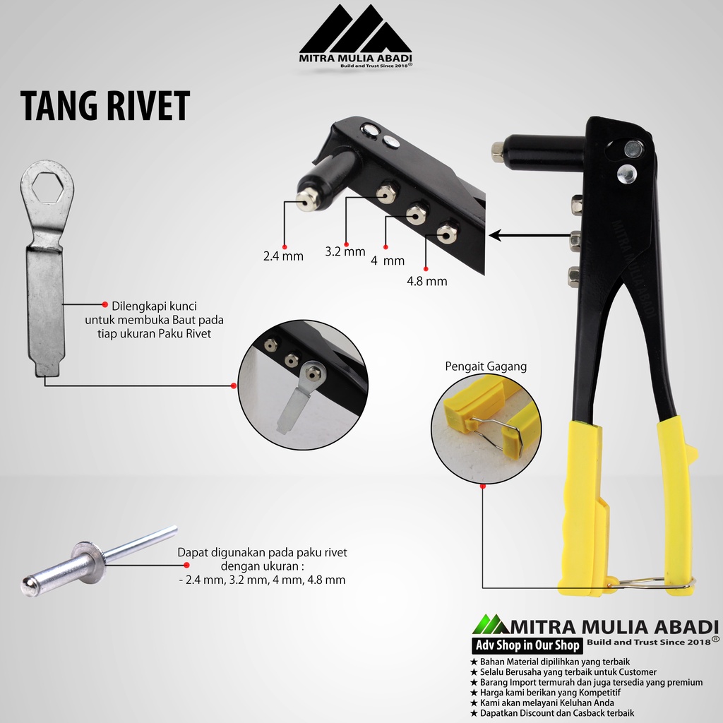 Tang Rivet - Hand Rivet 2.4 - 4.8 mm - Tembakan Paku Rivet