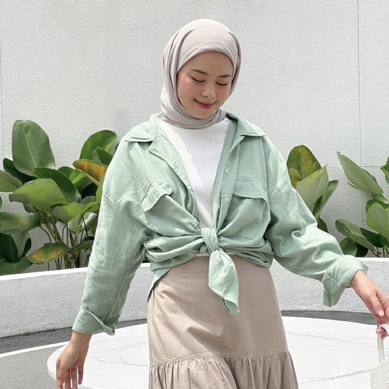 Tq88indonesia Fashion Baju Kemeja Wanita Lengan Panjang Terbaru /  CLOVER POCKET LINEN SHIRT / Hem / Kem / Busana Casual Cewek / Ootd Kekinian / Outfit