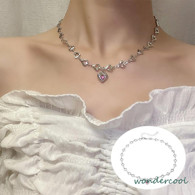 Desain Kalung Cinta Berlian Merah Muda Temperamen Rantai Klavikula-Won