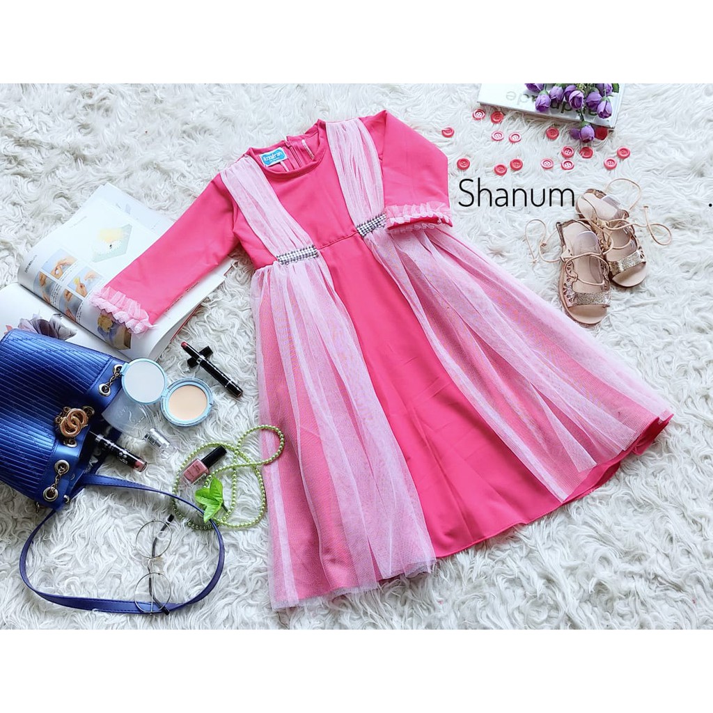 Baju Gamis Anak Shanum Size 10 Tahun Warna Salem Combi Pink (ReadyStock)