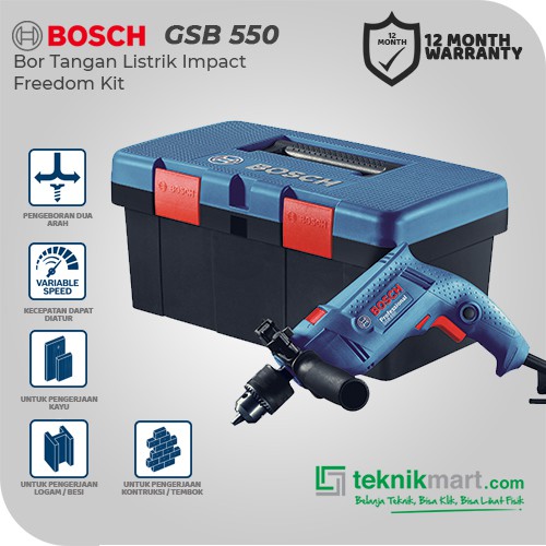 Bosch Impact Drill Set + ACC / Bor Impact Listrik Set + Aksesories 550W 13mm GSB 550 Freedom Kit