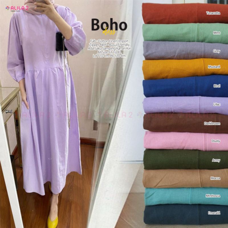 Boho Midi Dress Maxy Gamis Polos Lilac Hitam Katun Linen Ld 110 Jumbo Fit XXL Busui By Alila