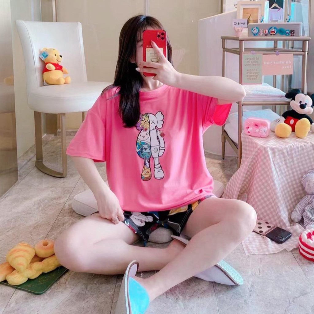 Baju Tidur Piyama Set/Piyama Wanita Import/Baju Piyama Pendek/Short Sleep Wear-J3-Pink Robot