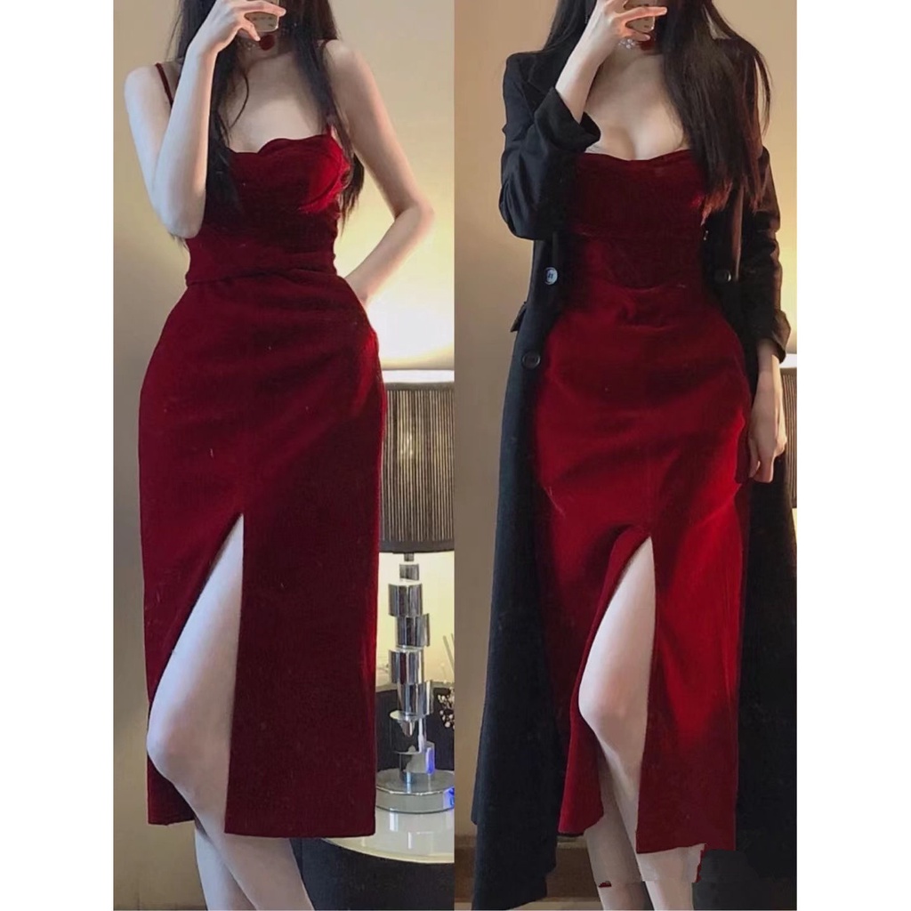 Toko sore hari Natal beludru merah buatan sendiri yang menakjubkan suspender dress wanita musim gugu