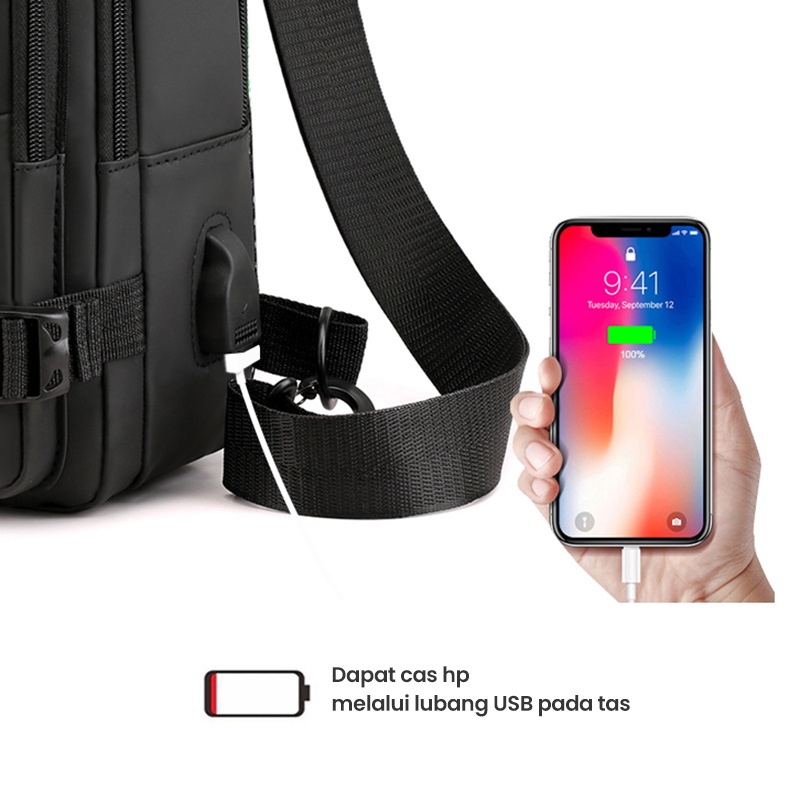 Highland Tas Selempang Pria Casual Slingbag USB Charge Anti Air Waterproof Tas Bahu Pria Trandy Model Kekinian Tas Santai Cowok Import TS713